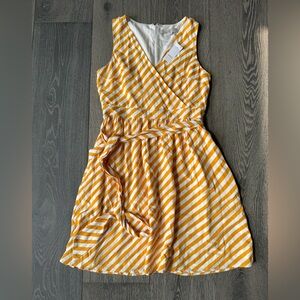 LOFT Striped V-Neck Belted Dress in Gold Stripe Size 4